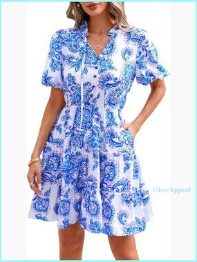 V-Neck Short Sleeve Tiered Ruffle Boho Swing A-Line Mini Dress